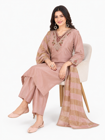 Women's Dusty Pink Embroidered Kurta Set with Striped Dupatta