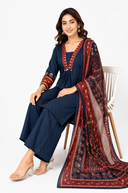 Women's Navy Blue Printed Kurta Set with Dupatta