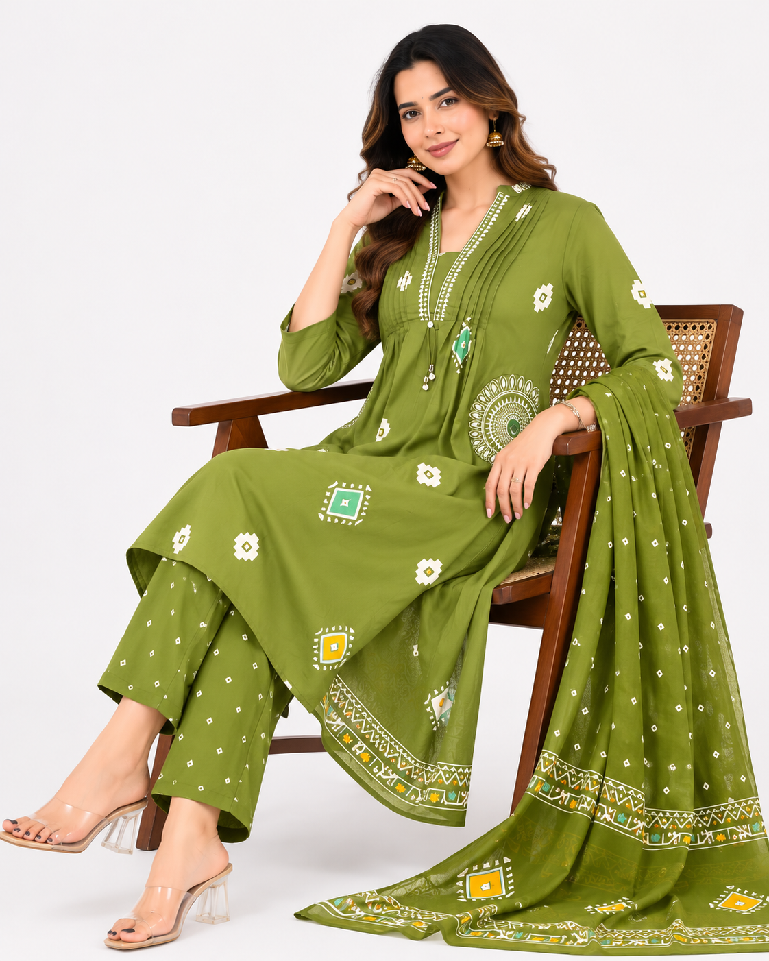 Women's Olive Green Cotton Printed Kurta Set with Dupatta