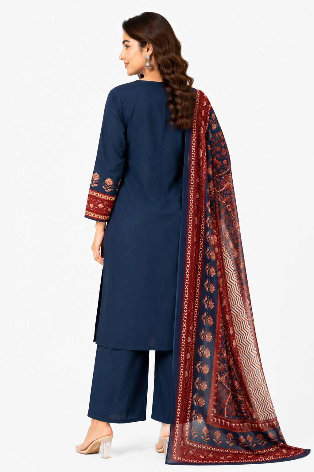 Women's Navy Blue Printed Kurta Set with Dupatta