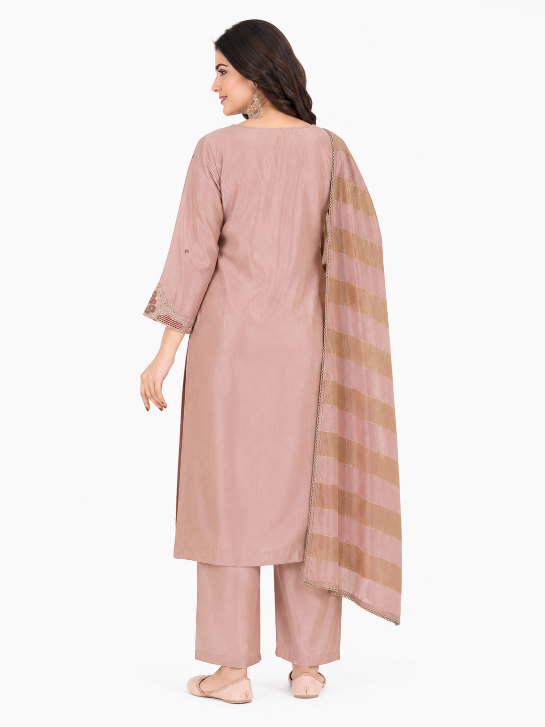 Women's Dusty Pink Embroidered Kurta Set with Striped Dupatta