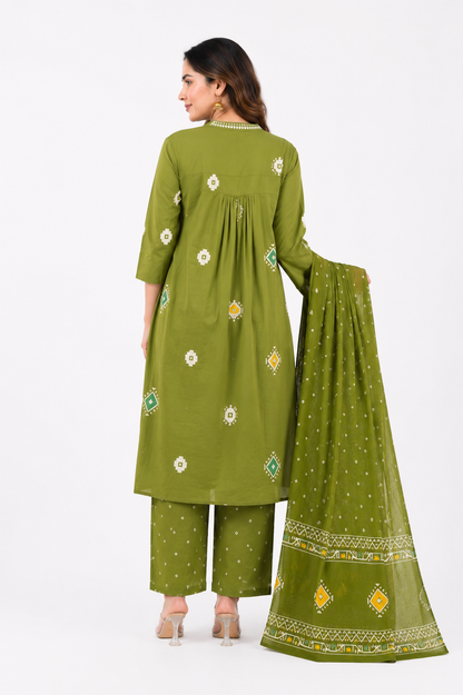 Women's Olive Green Cotton Printed Kurta Set with Dupatta