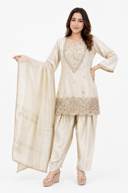 Ivory Embroidered Silk Blend Suit Set with Dupatta for Women | Festive & Wedding Wear