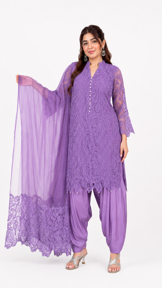 Women's Lavender Lace Embroidered Kurta Set with Organza Dupatta