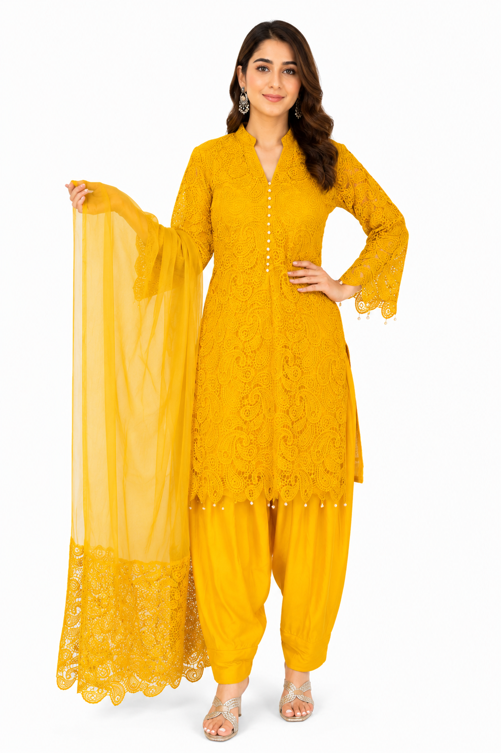 Women's Mustard Yellow Lace Kurta Set with Dupatta