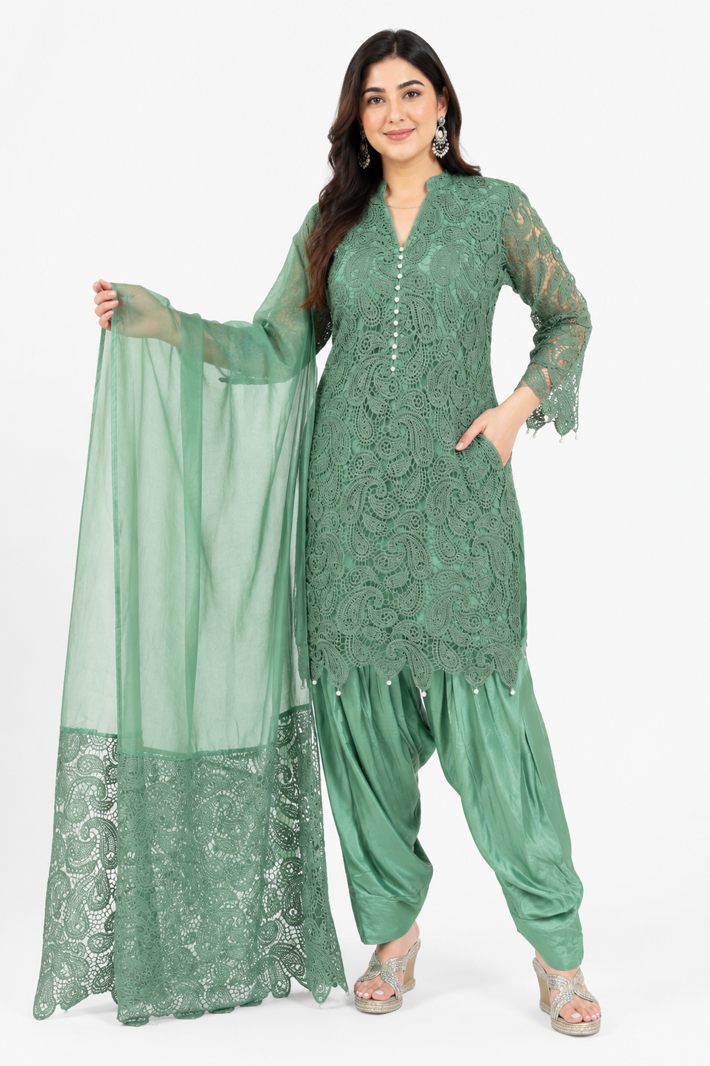 Women's Sage Green Embroidered Kurta Set with Patiala & Net Dupatta