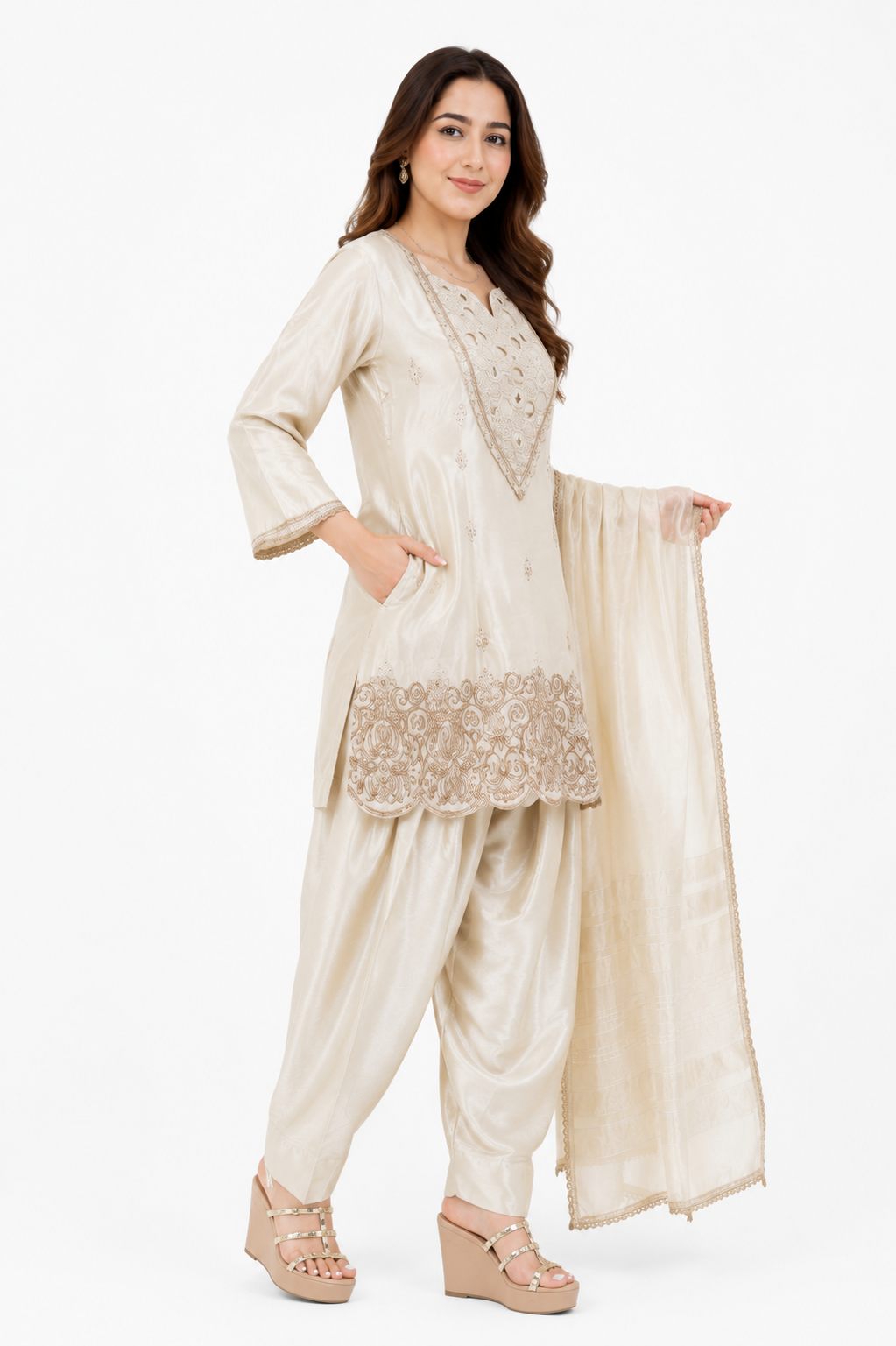 Ivory Embroidered Silk Blend Suit Set with Dupatta for Women | Festive & Wedding Wear