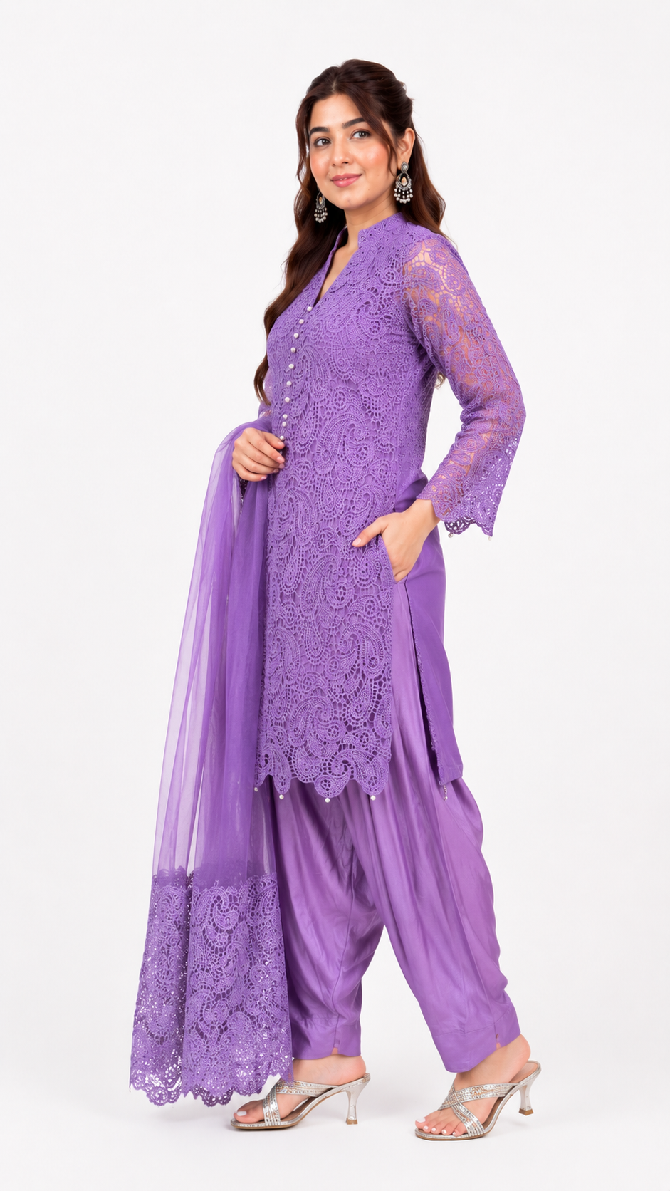 Women's Lavender Lace Embroidered Kurta Set with Organza Dupatta