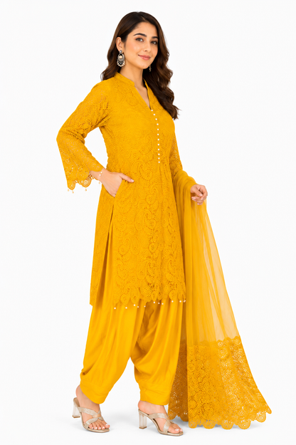 Women's Mustard Yellow Lace Kurta Set with Dupatta