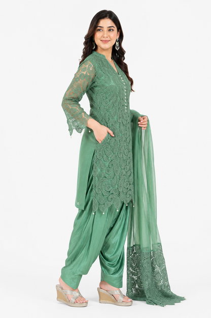 Women's Sage Green Embroidered Kurta Set with Patiala & Net Dupatta