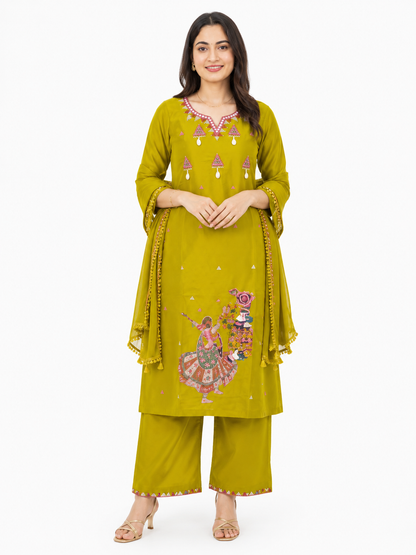 Women's Olive Green Embroidered Kurta Set with Printed Motif & Dupatta