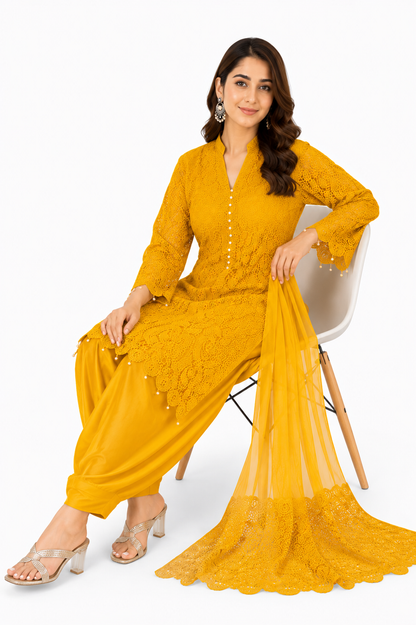 Women's Mustard Yellow Lace Kurta Set with Dupatta