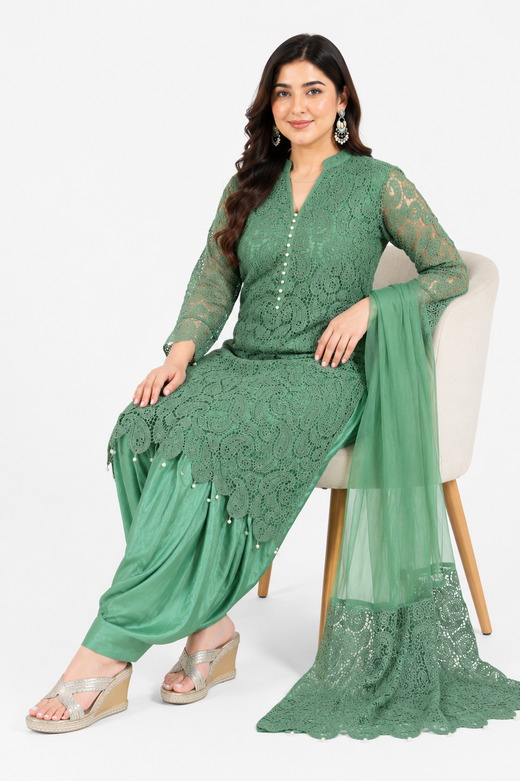 Women's Sage Green Embroidered Kurta Set with Patiala & Net Dupatta