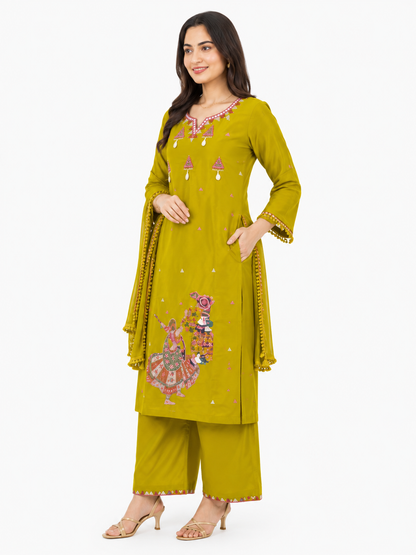 Women's Olive Green Embroidered Kurta Set with Printed Motif & Dupatta