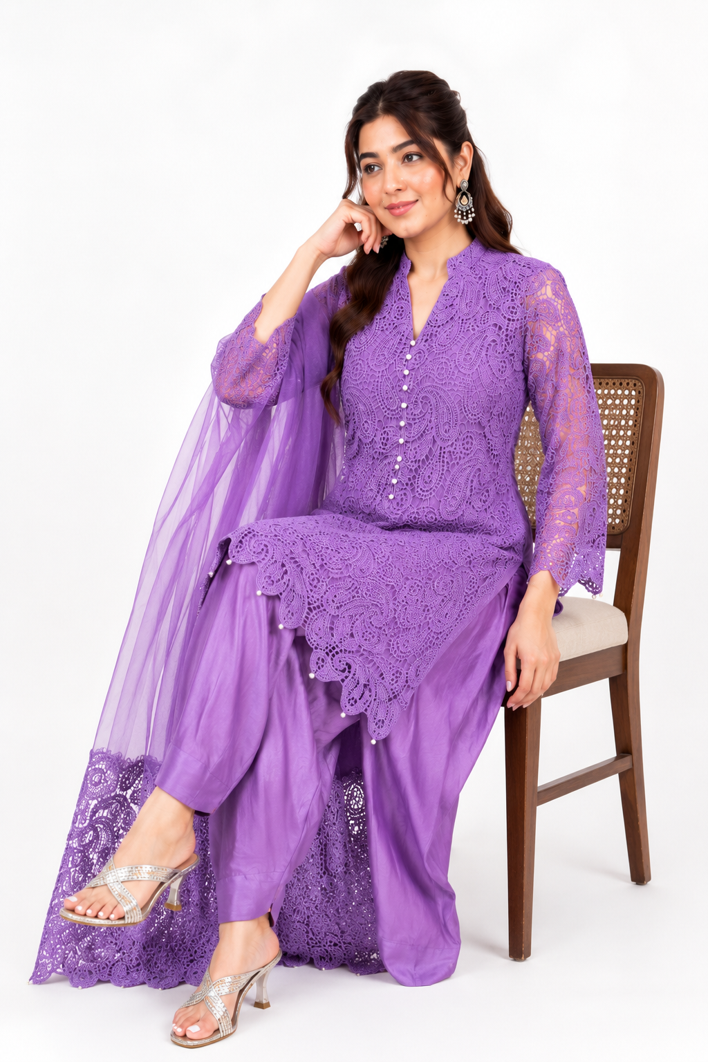 Women's Lavender Lace Embroidered Kurta Set with Organza Dupatta
