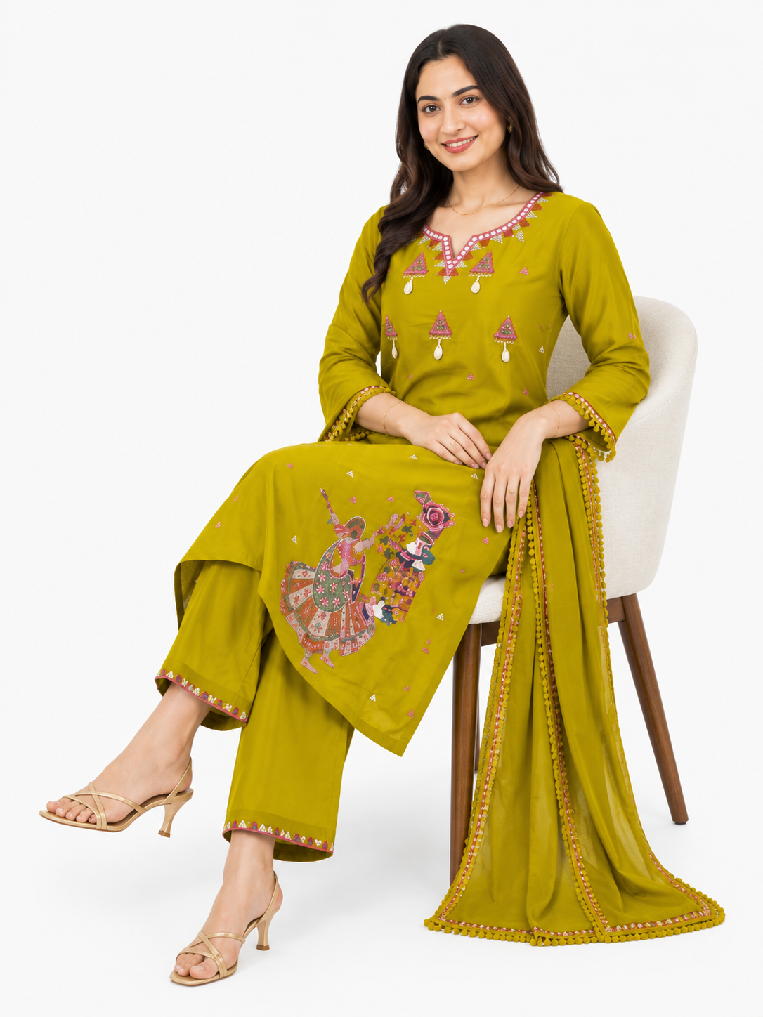 Women's Olive Green Embroidered Kurta Set with Printed Motif & Dupatta