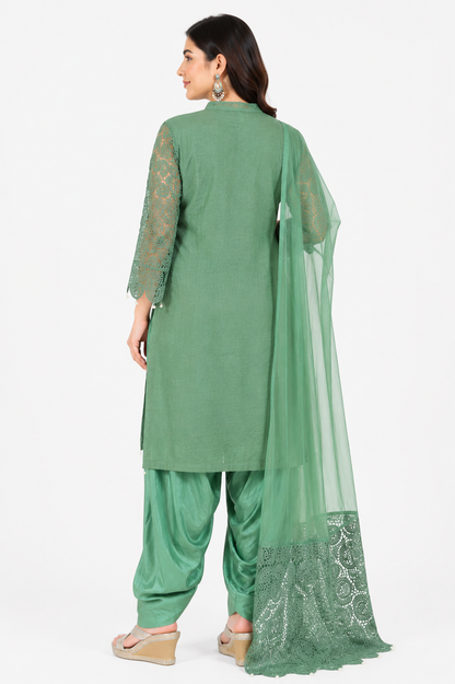 Women's Sage Green Embroidered Kurta Set with Patiala & Net Dupatta