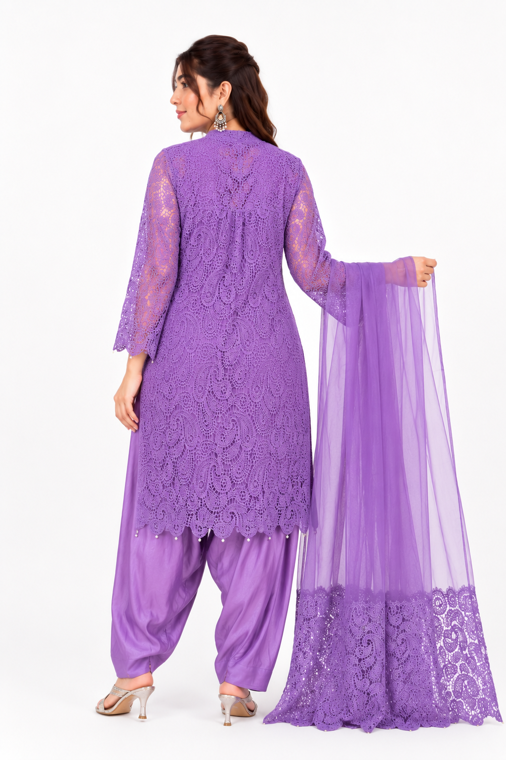 Women's Lavender Lace Embroidered Kurta Set with Organza Dupatta