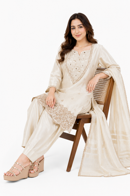 Ivory Embroidered Silk Blend Suit Set with Dupatta for Women | Festive & Wedding Wear