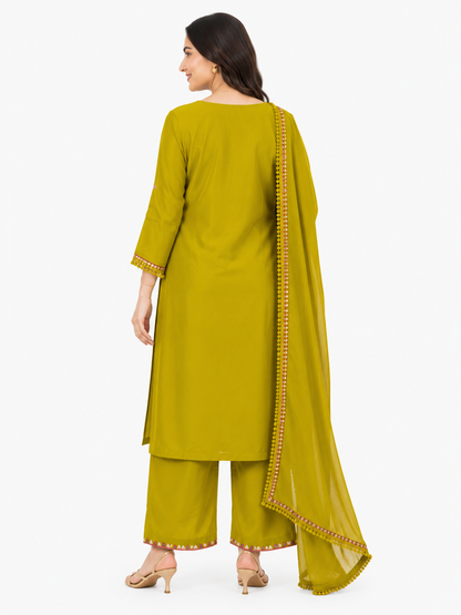 Women's Olive Green Embroidered Kurta Set with Printed Motif & Dupatta