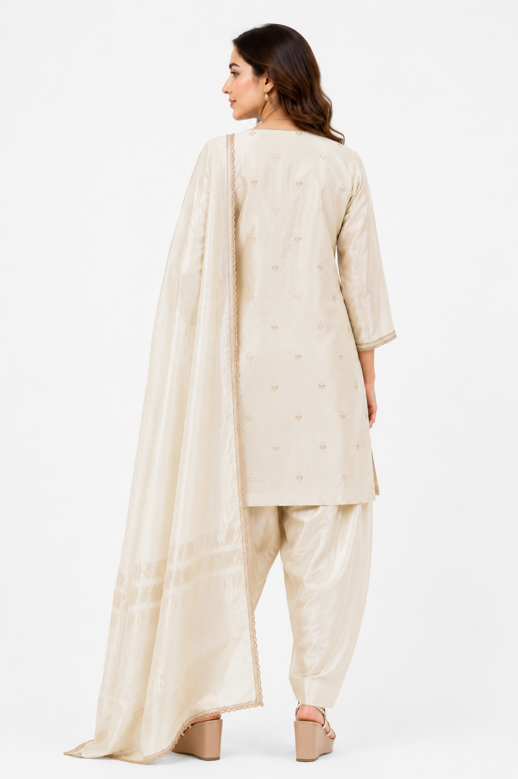Ivory Embroidered Silk Blend Suit Set with Dupatta for Women | Festive & Wedding Wear