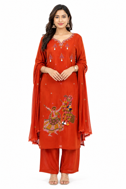 Rust Orange Embroidered Cotton Suit Set with Dupatta for Women | Ethnic Festive Wear
