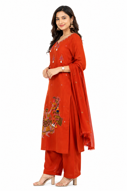 Rust Orange Embroidered Cotton Suit Set with Dupatta for Women | Ethnic Festive Wear
