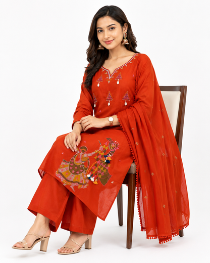 Rust Orange Embroidered Cotton Suit Set with Dupatta for Women | Ethnic Festive Wear