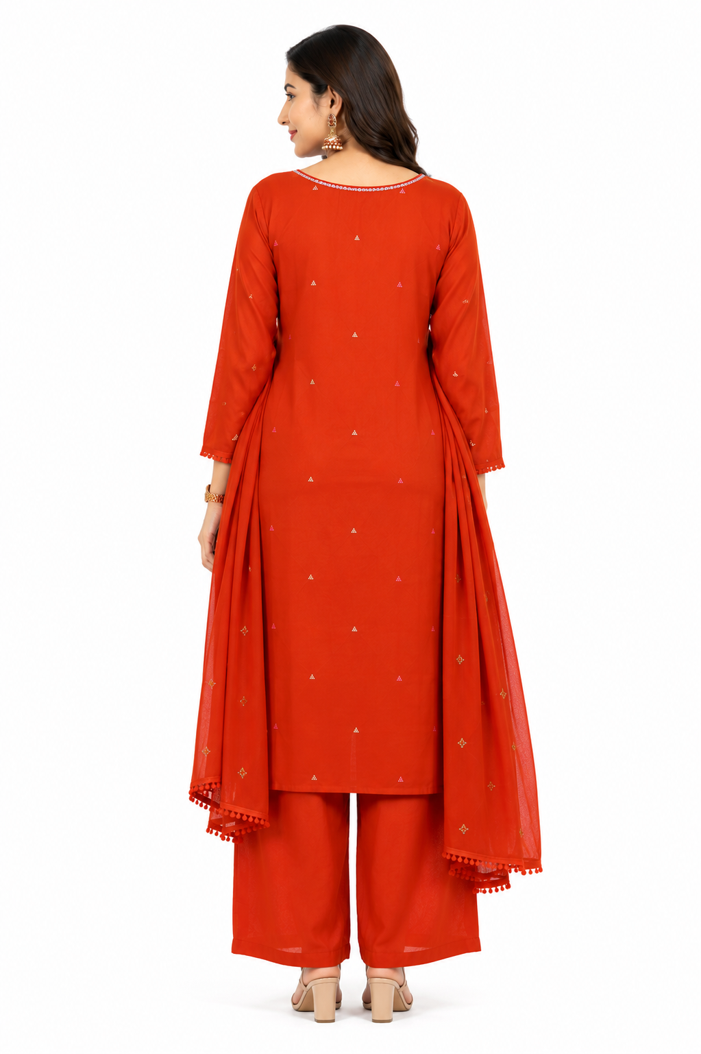Rust Orange Embroidered Cotton Suit Set with Dupatta for Women | Ethnic Festive Wear