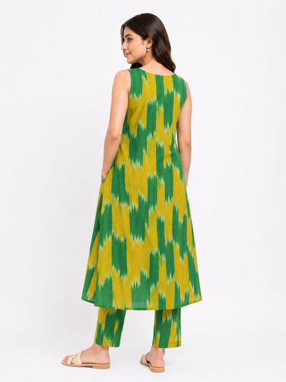 Green & Yellow Ikat Printed Sleeveless Cotton Kurta Pant Set