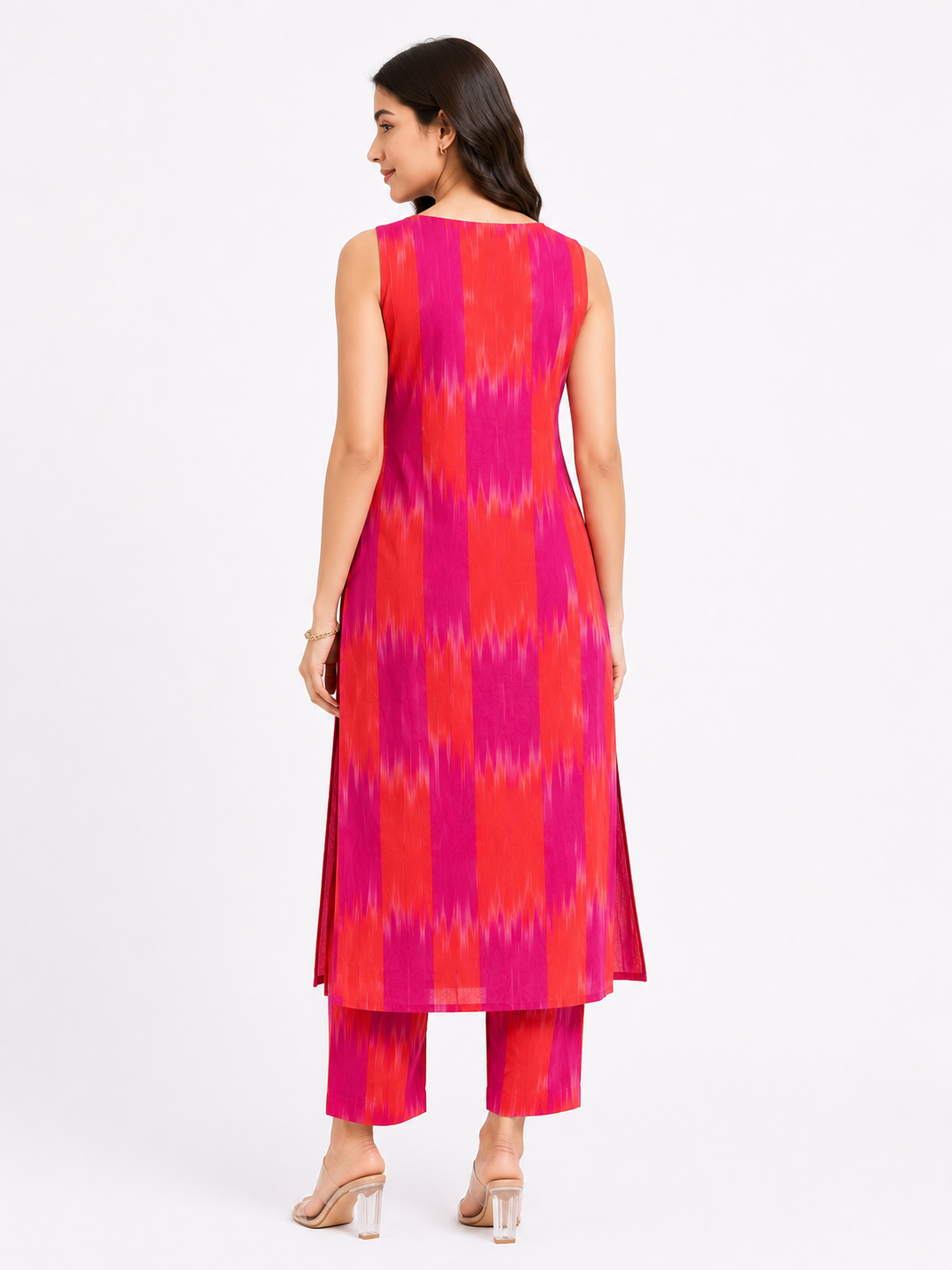Pink & Coral Ikat Print Sleeveless Cotton Kurta Pant Set for Women
