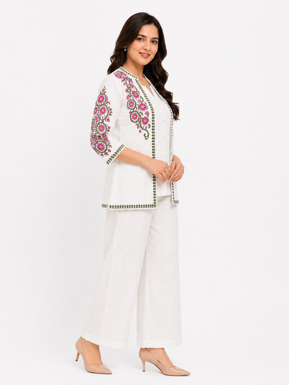 White Floral Embroidered Cotton Linen Co-ord Set with Palazzo