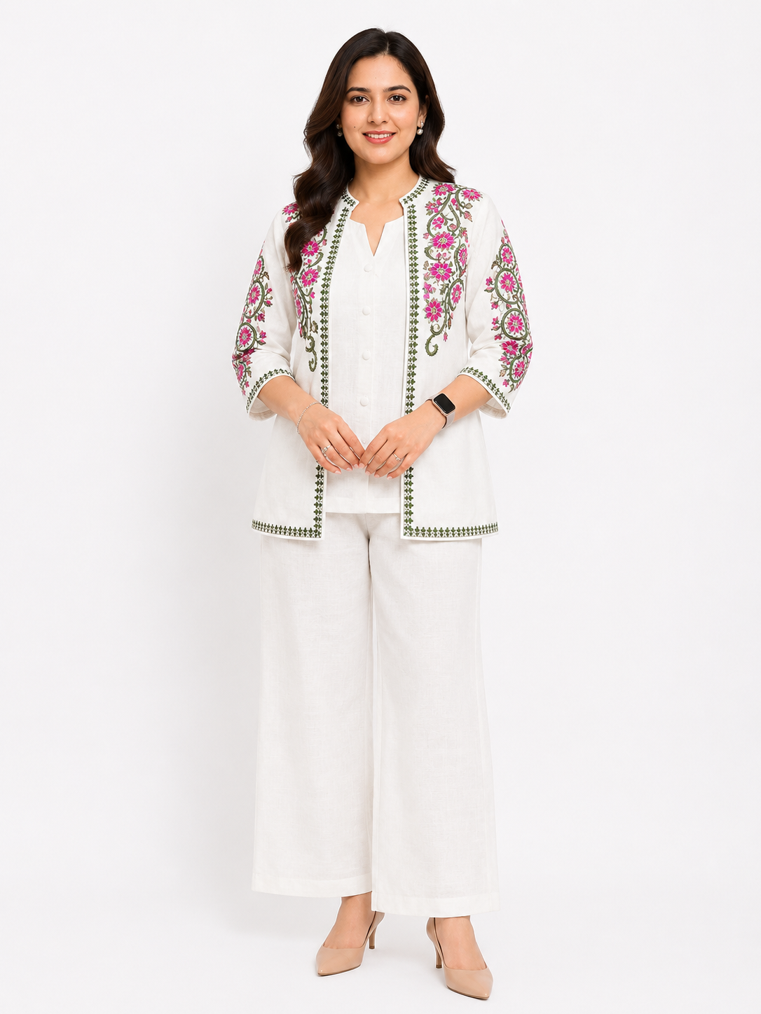 White Floral Embroidered Cotton Linen Co-ord Set with Palazzo