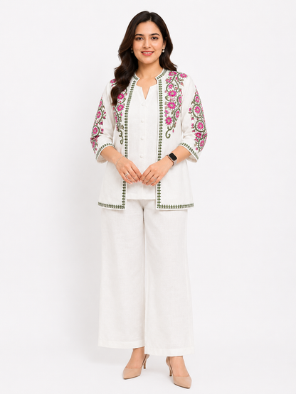 White Floral Embroidered Cotton Linen Co-ord Set with Palazzo