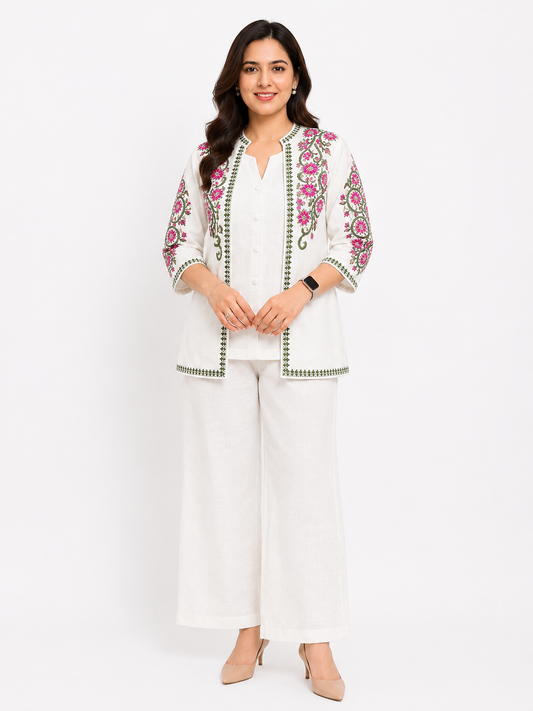 White Floral Embroidered Cotton Linen Co-ord Set with Palazzo