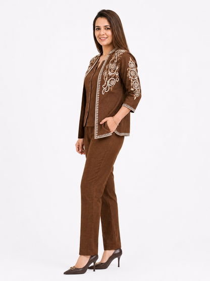 Women's Brown Embroidered Cotton Blend Co-Ord Set with Jacket