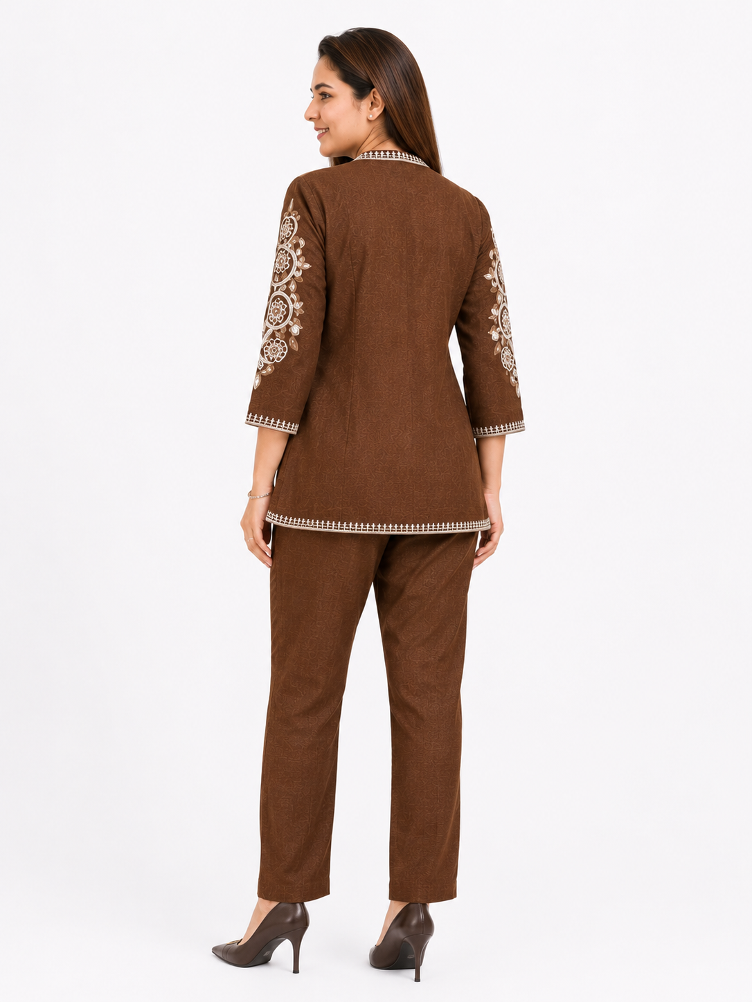 Women's Brown Embroidered Cotton Blend Co-Ord Set with Jacket