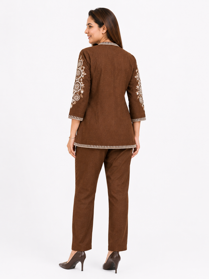 Women's Brown Embroidered Cotton Blend Co-Ord Set with Jacket