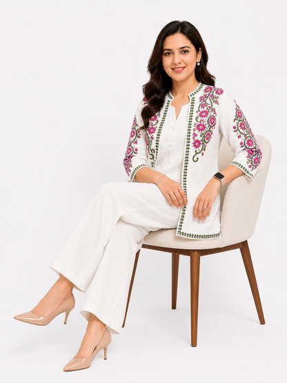 White Floral Embroidered Cotton Linen Co-ord Set with Palazzo