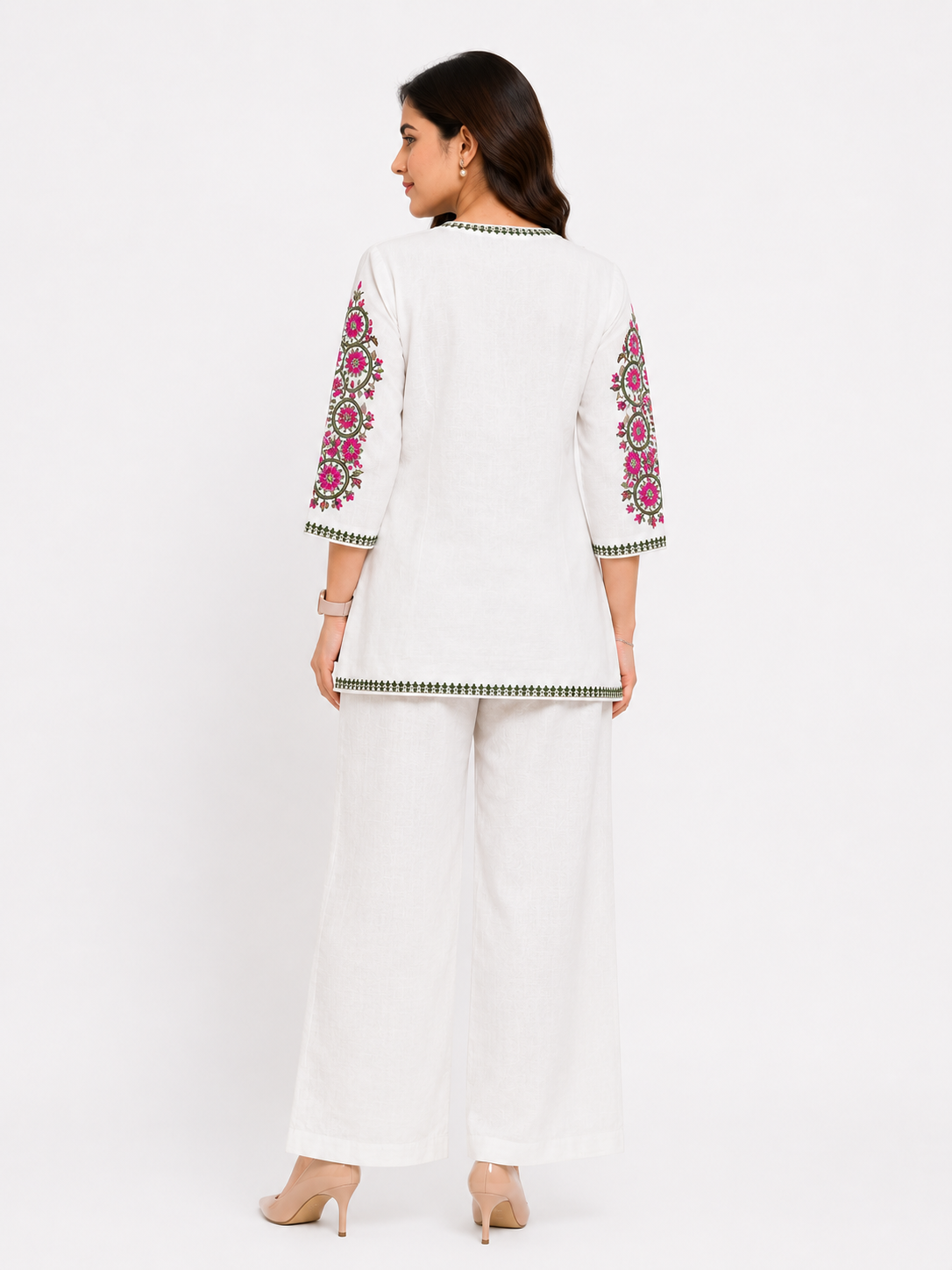 White Floral Embroidered Cotton Linen Co-ord Set with Palazzo