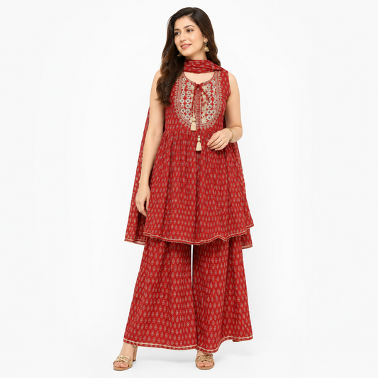 Women's Maroon Embroidered Peplum Kurta with Palazzo & Dupatta Set