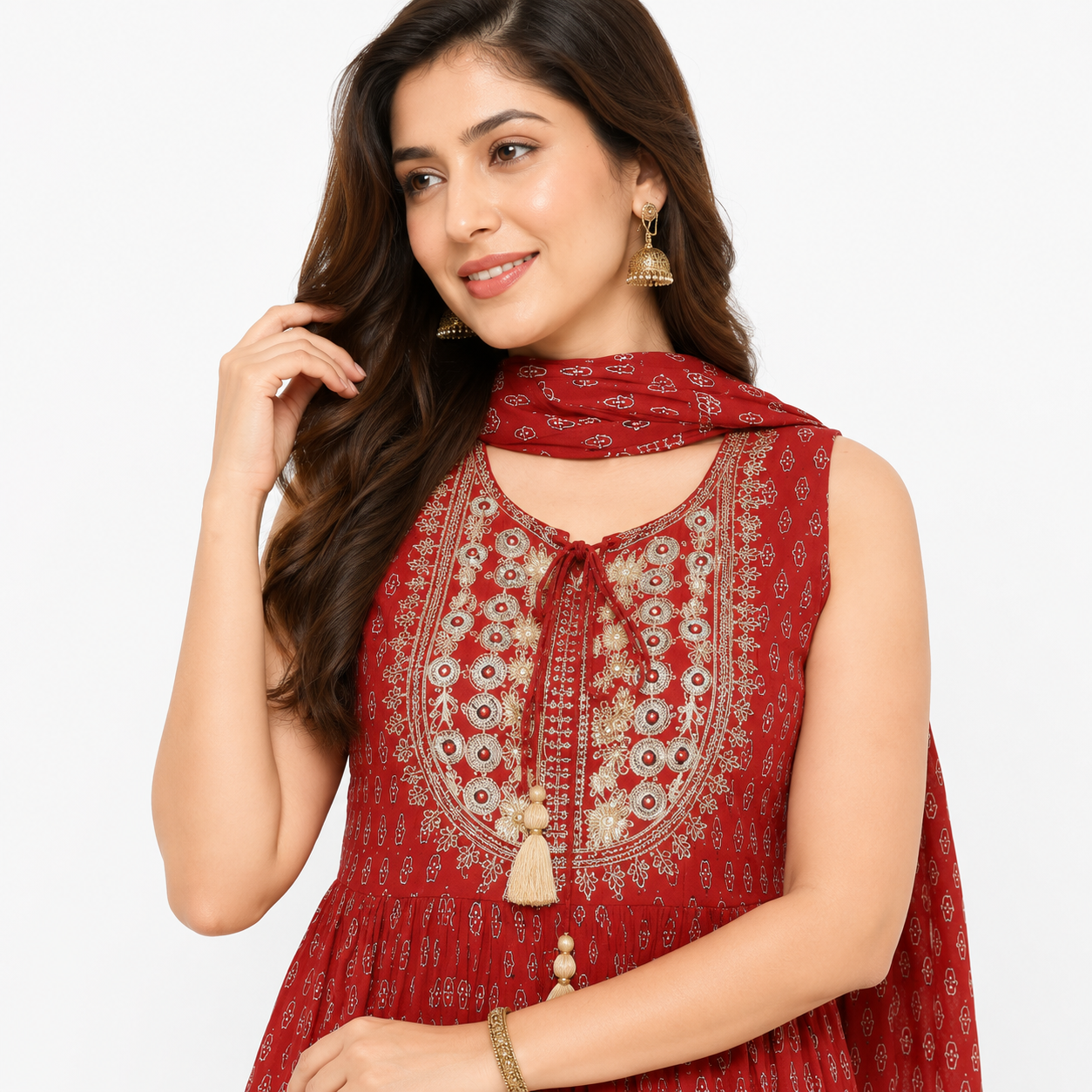 Women's Maroon Embroidered Peplum Kurta with Palazzo & Dupatta Set