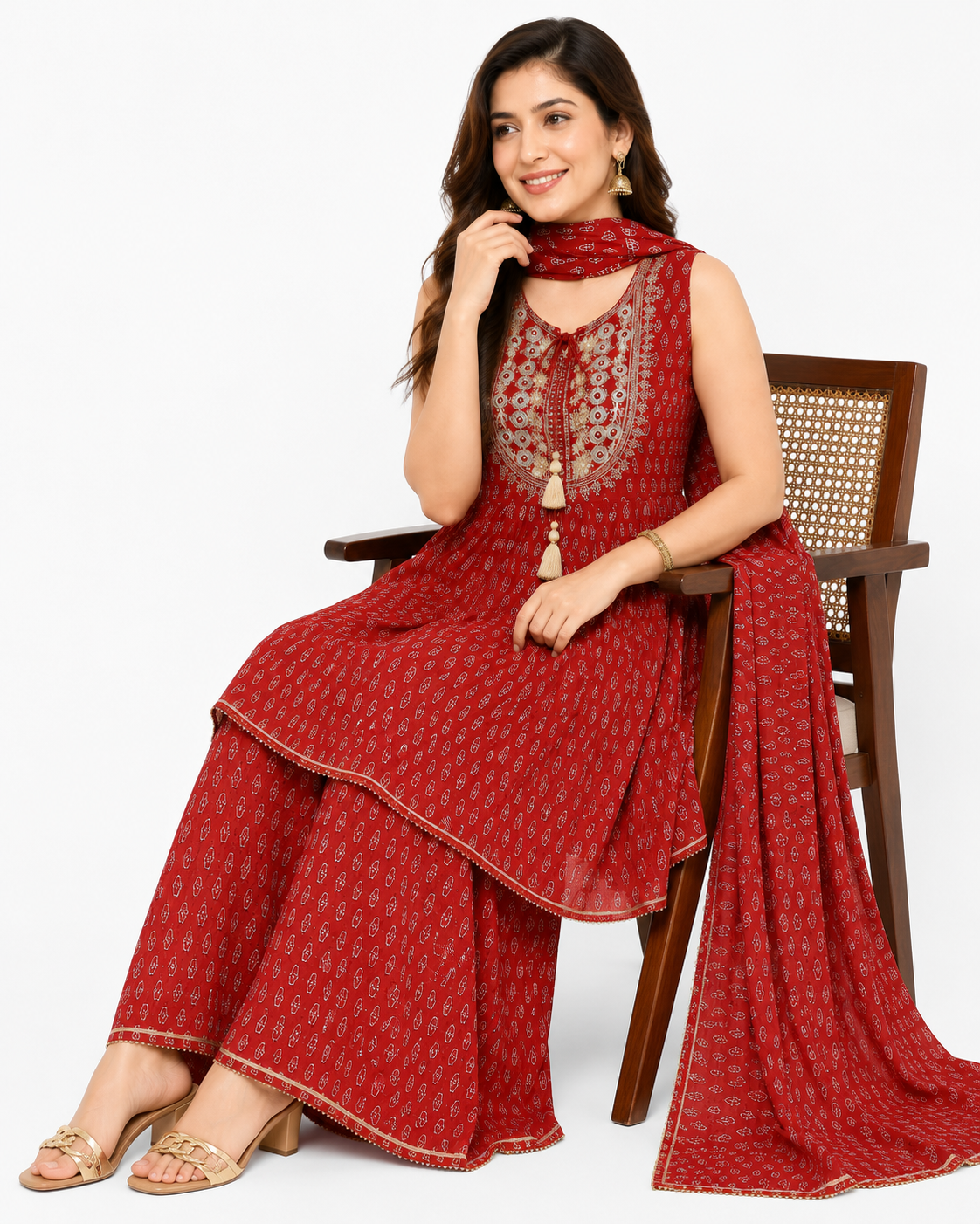 Women's Maroon Embroidered Peplum Kurta with Palazzo & Dupatta Set