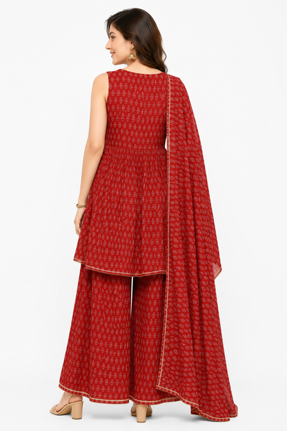 Women's Maroon Embroidered Peplum Kurta with Palazzo & Dupatta Set