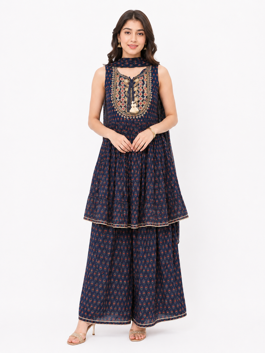 Navy Blue Embroidered Printed Peplum Kurta Sharara Set with Dupatta