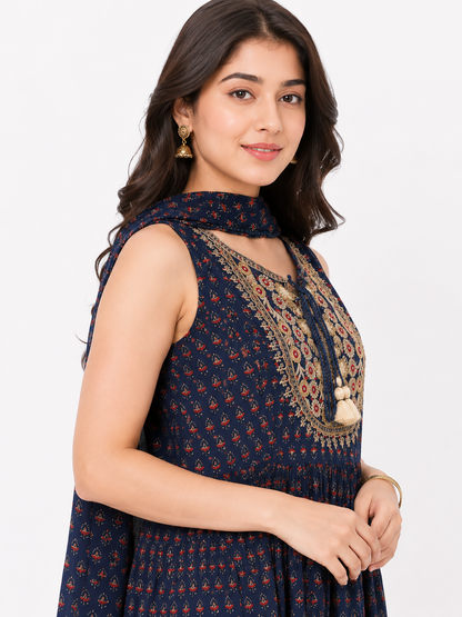 Navy Blue Embroidered Printed Peplum Kurta Sharara Set with Dupatta