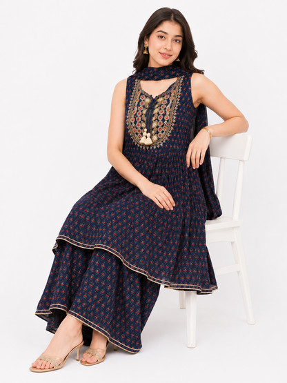 Navy Blue Embroidered Printed Peplum Kurta Sharara Set with Dupatta