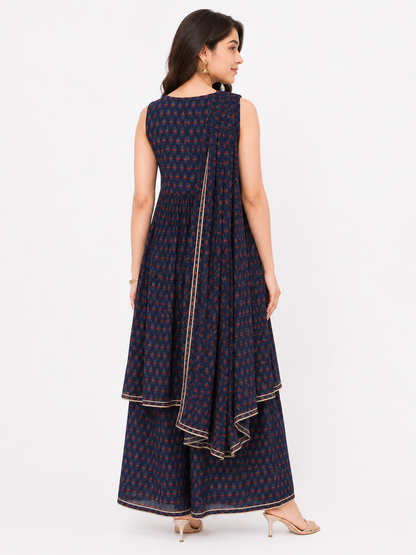 Navy Blue Embroidered Printed Peplum Kurta Sharara Set with Dupatta