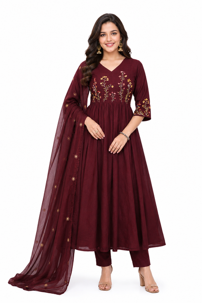 Maroon Floral Embroidered Anarkali Suit Set with Dupatta