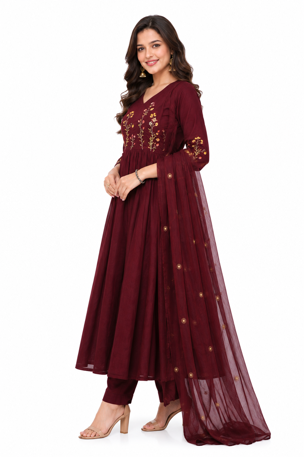 Maroon Floral Embroidered Anarkali Suit Set with Dupatta